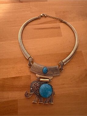 Boho Elephant Pendant Necklace Gold Tone With Turquoise Stones